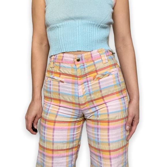 Vintage 70s Pastel Seersucker Wide Leg Pants, Mid/High Rise, 27” waist, Size XS - Picture 3 of 4